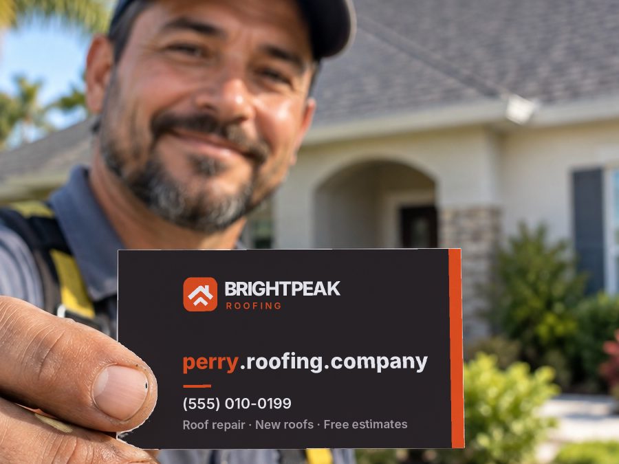 perry.roofing.company on a roofer's business card