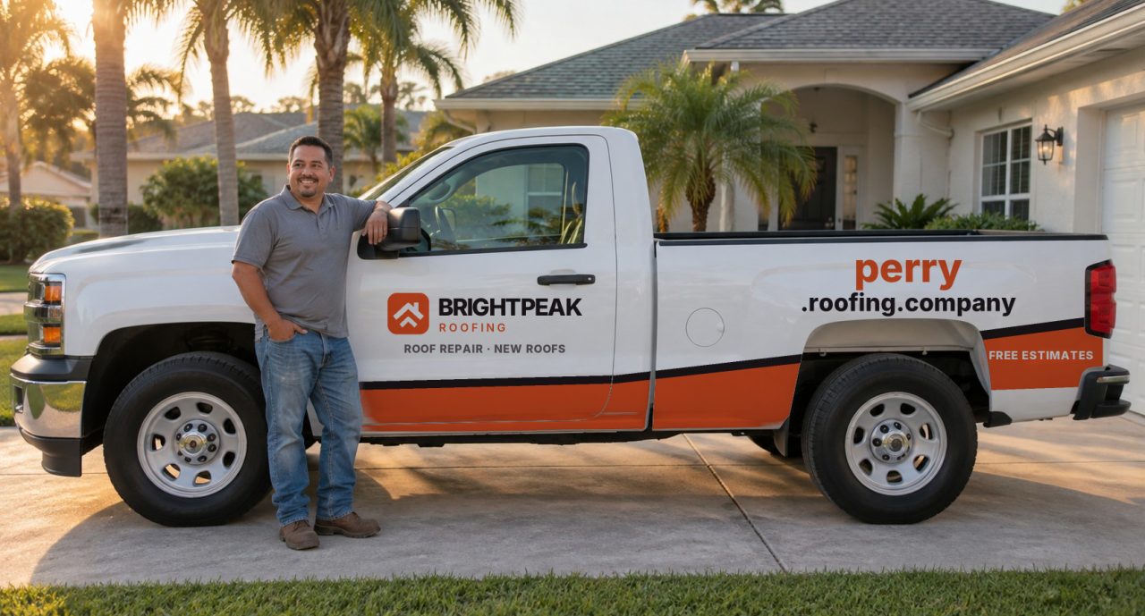 perry.roofing.company painted on the side of a white work truck