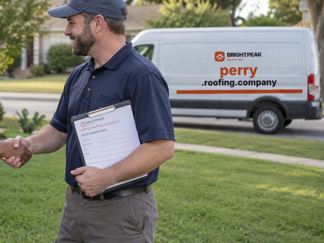 perry.roofing.company on a roofing van and an inspection form